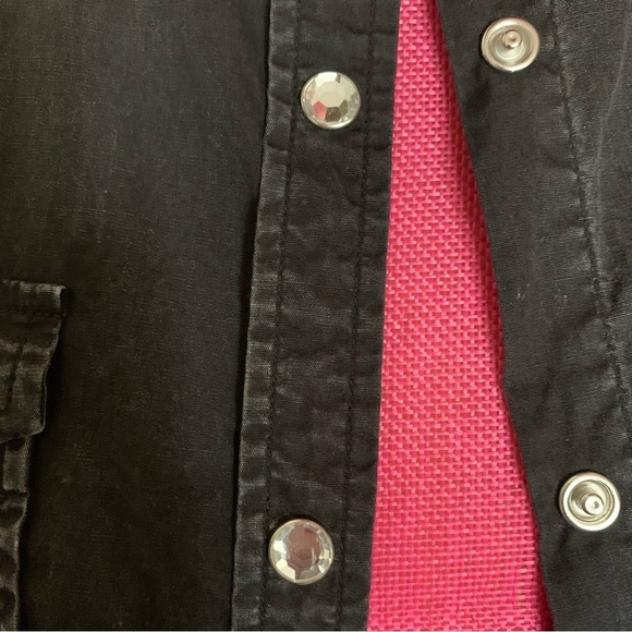 Black Denim Cowgirl Button Down with Pearl Buttons, Pink/White Embroidery - Picture 3 of 10